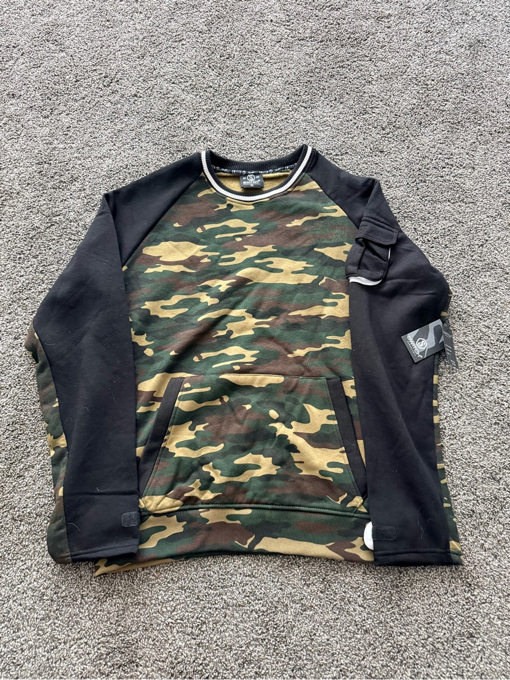 NEW - Size XL - Camo Crewneck Sweater with Black Sleeves & Pockets